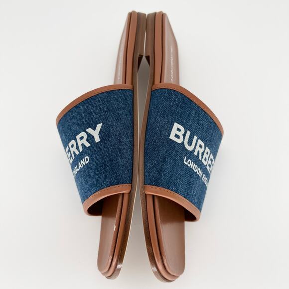 BURBERRY Carolyn Denim Logo Flat Slide EU 38.5 US 8.5 Blue Brown Two Tone Sandal - Picture 5 of 11